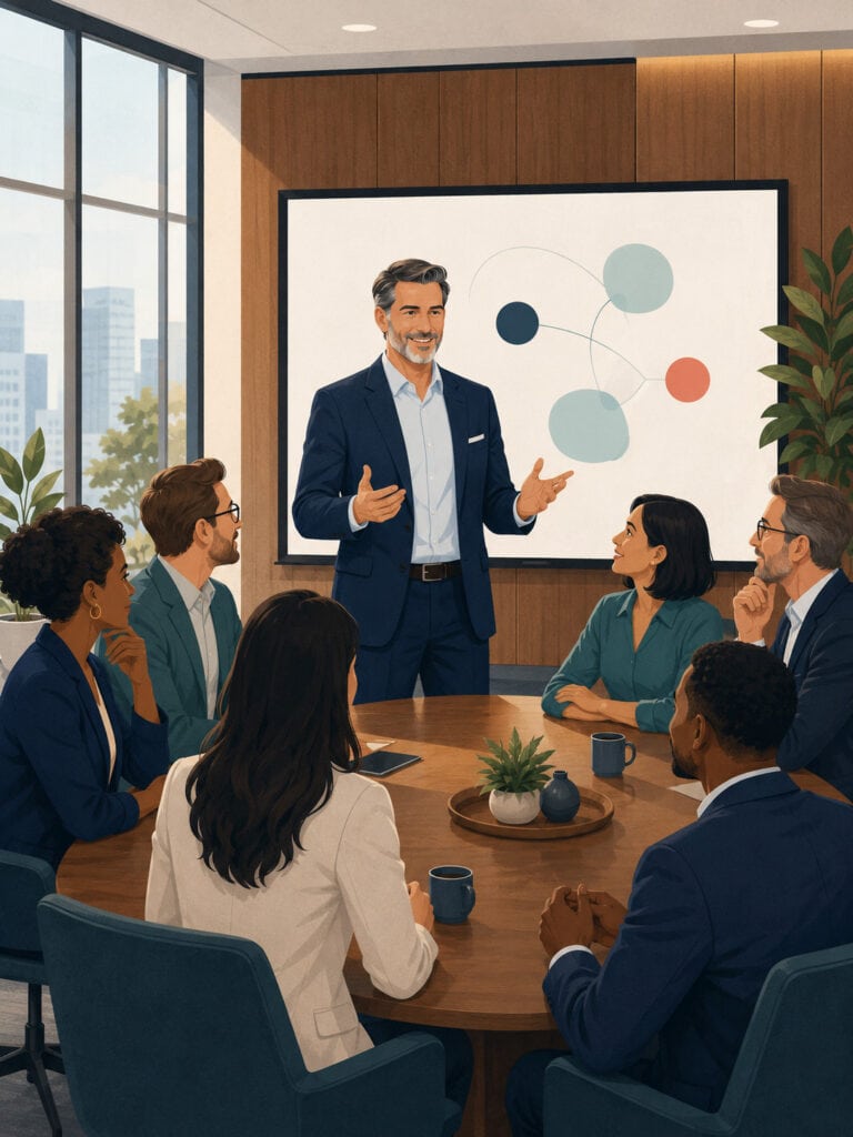 Canadian business team gathered in a boardroom around a key executive leading a strategic discussion