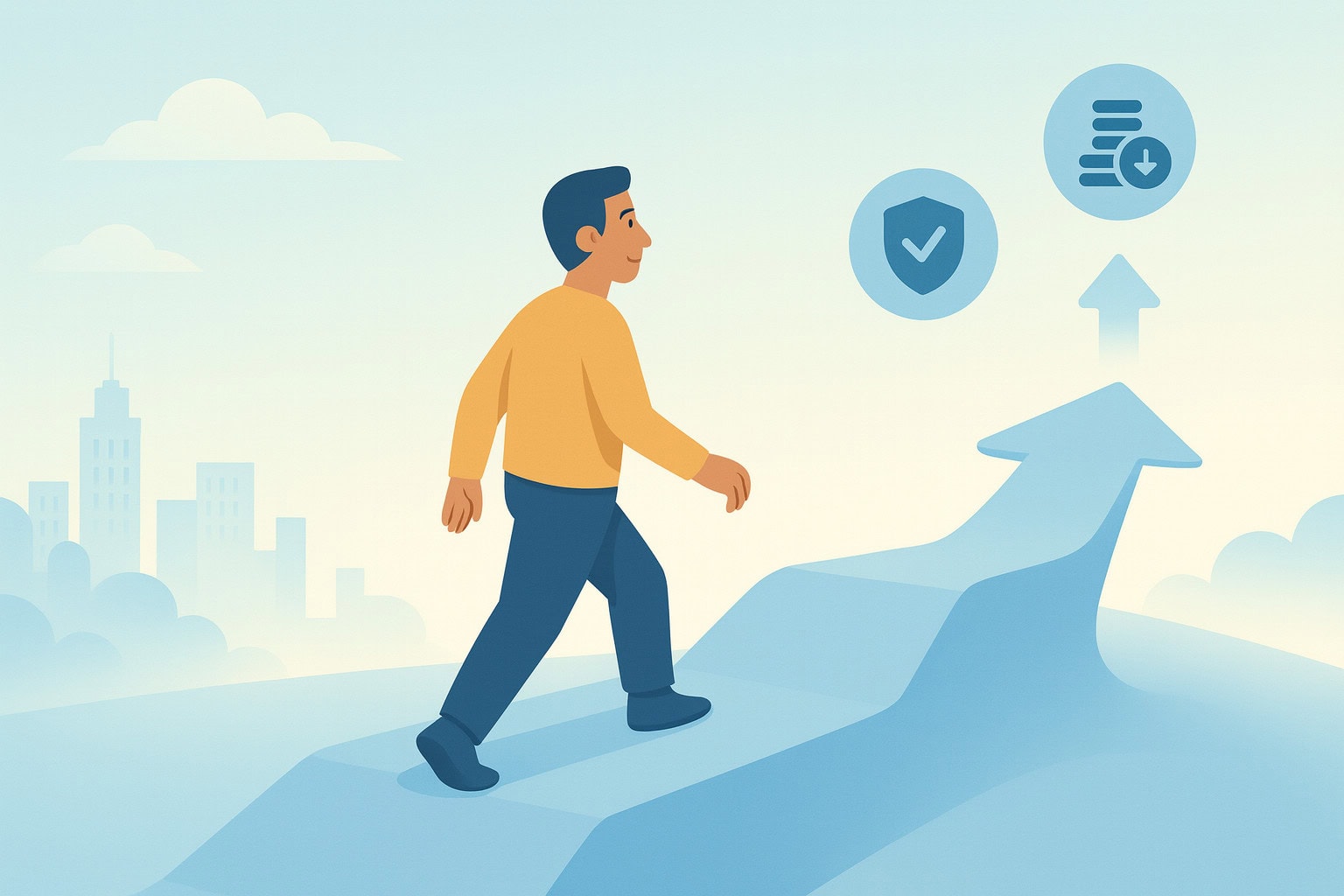 Applicant walks upward along a curved arrow path with milestone icons for review, approval, and pricing improvement.