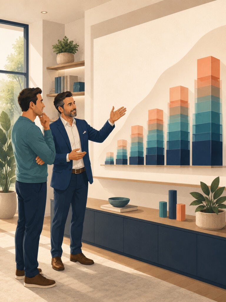 infinite-banking-canada-whole-life-strategy Financial advisor explaining a whole life insurance strategy to a client using a visual cash value growth display