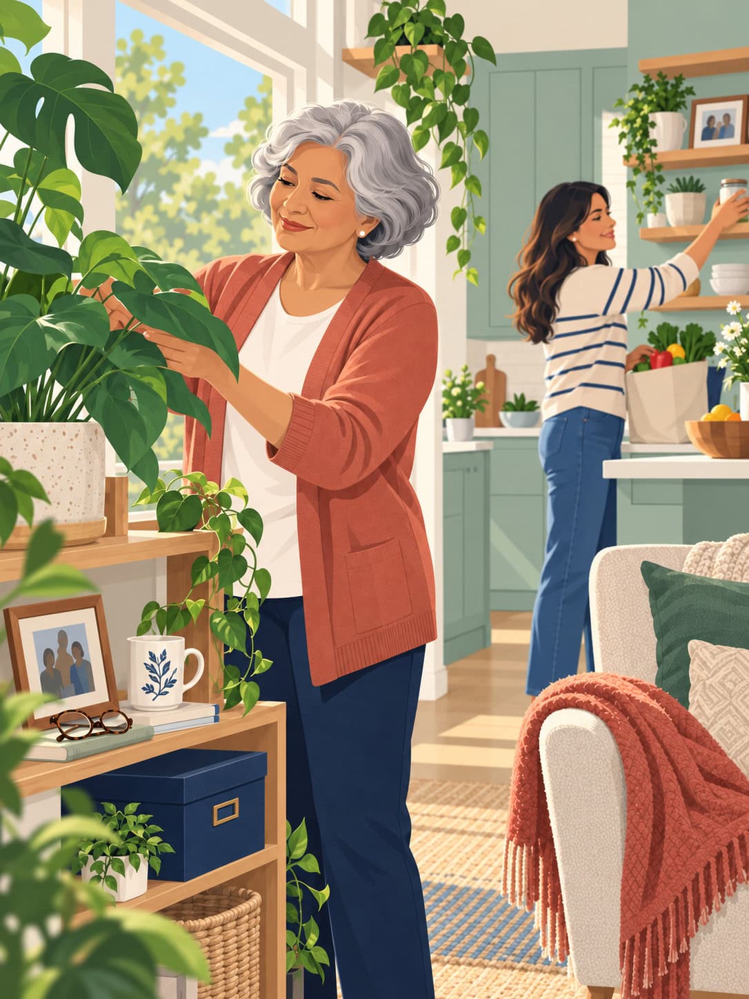 Older Canadian woman enjoying daily life at home with family support