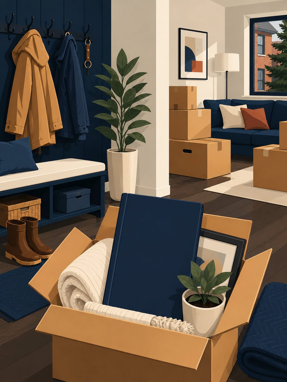 Editorial vector illustration of a Canadian home move with a life insurance folder packed safely in a moving box