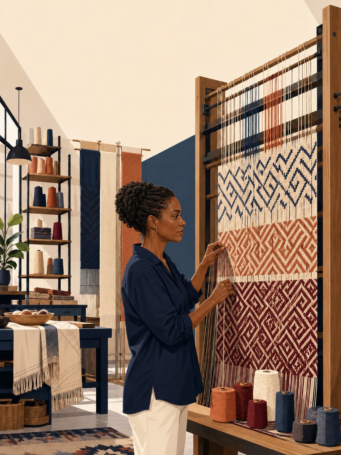 Canadian woman weaving in a studio representing life insurance assessment for Beta Thalassemia