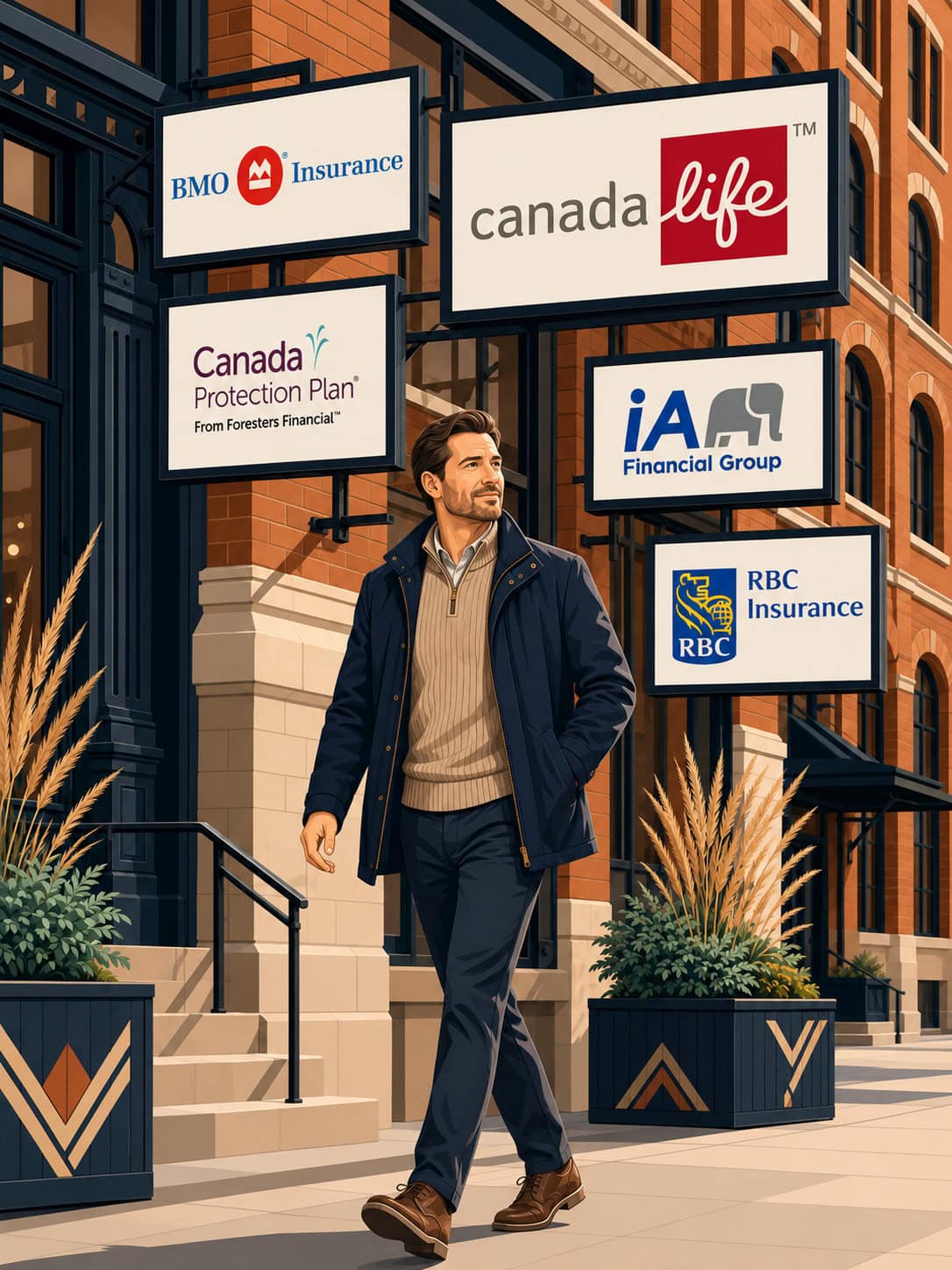 Manitoba resident comparing five leading Canadian life insurance companies in a Winnipeg-inspired setting