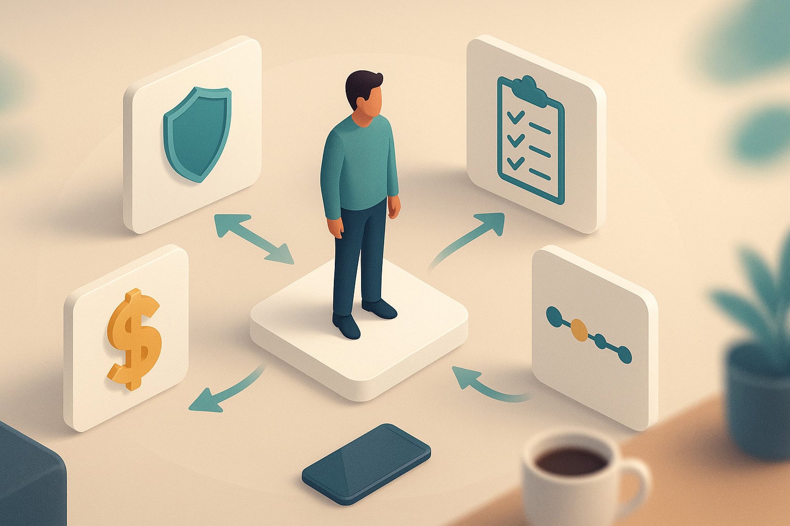 Isometric scene of a Canadian applicant evaluating four life insurance types symbolized by modern icons.