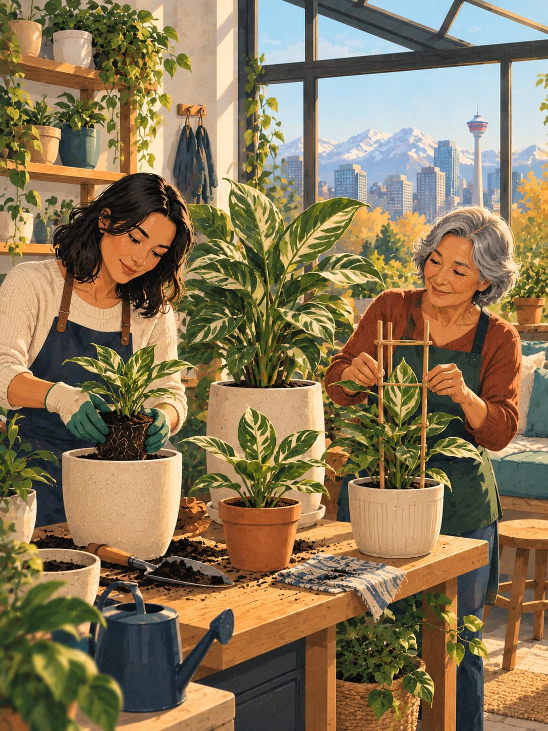 Two generations tending related plants to represent life insurance options for genetic disorders in Canada