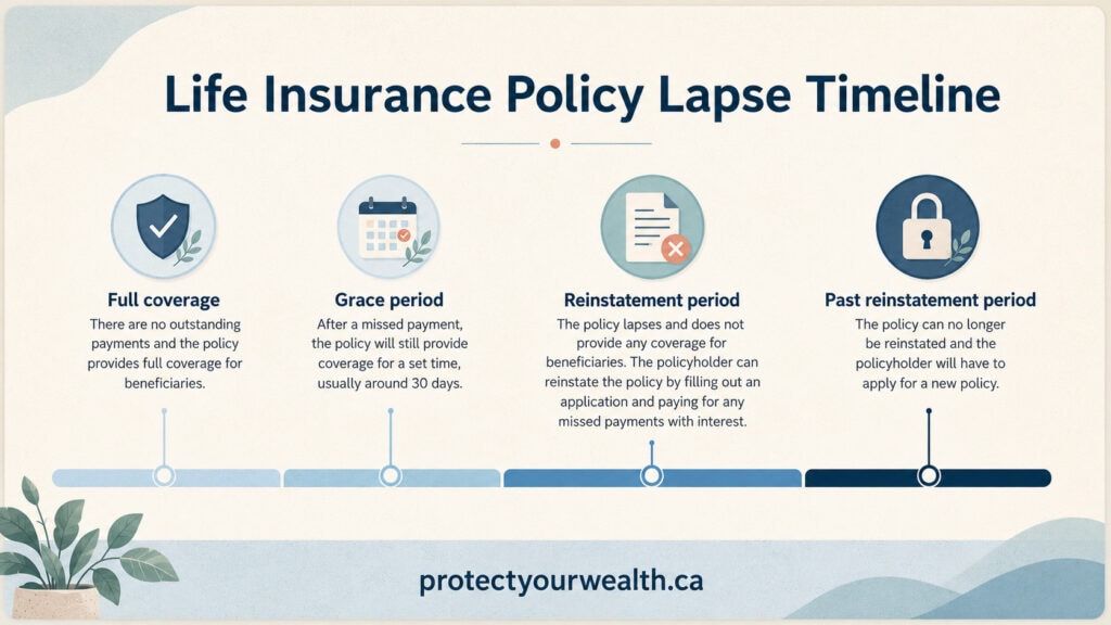 Life insurance policy lapse timeline explaining grace period and reinstatement options in Canada