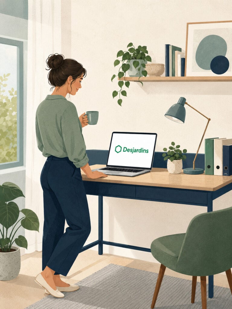 desjardins-life-insurance-review-canada Canadian reviewing Desjardins life insurance information on a laptop at home