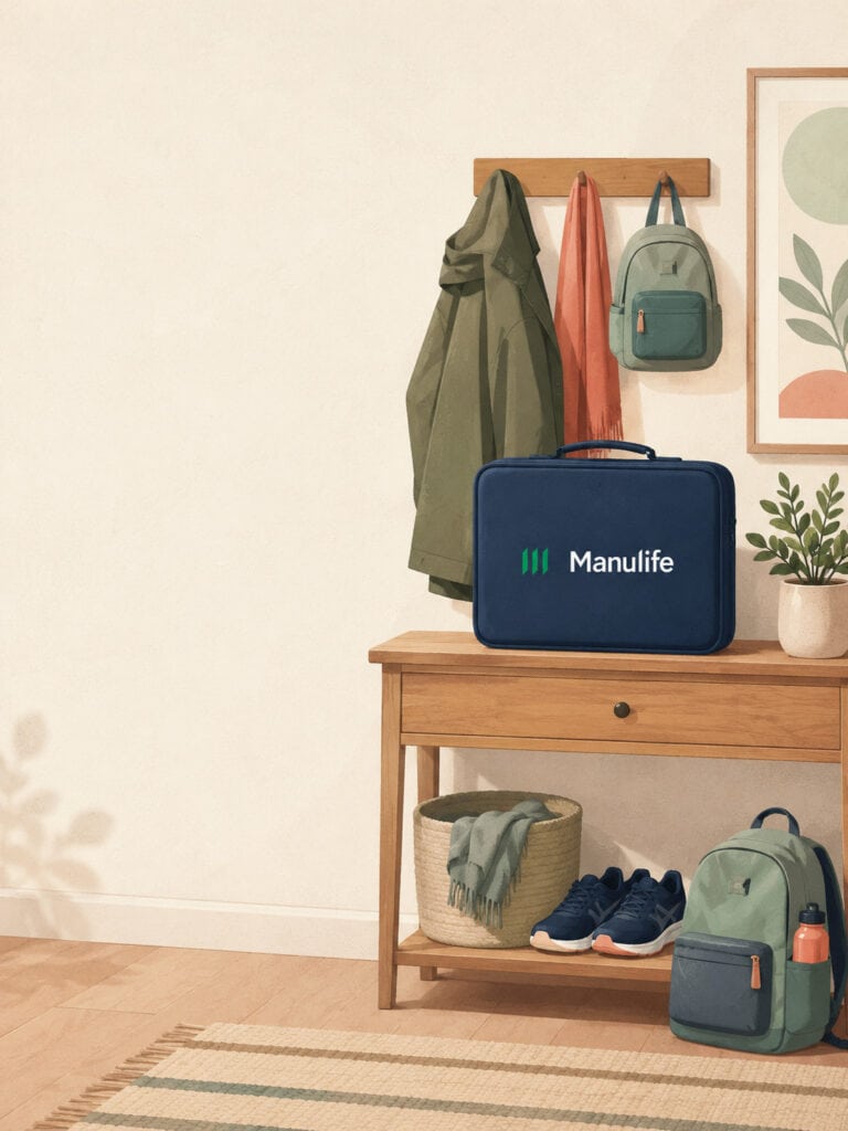 manulife-life-insurance-review-canada Manulife life insurance portfolio case in a modern home entryway