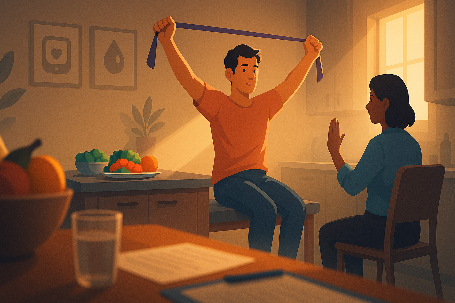 Person exercises and prepares healthy food in a sunlit home illustrating lifestyle and metabolic balance.