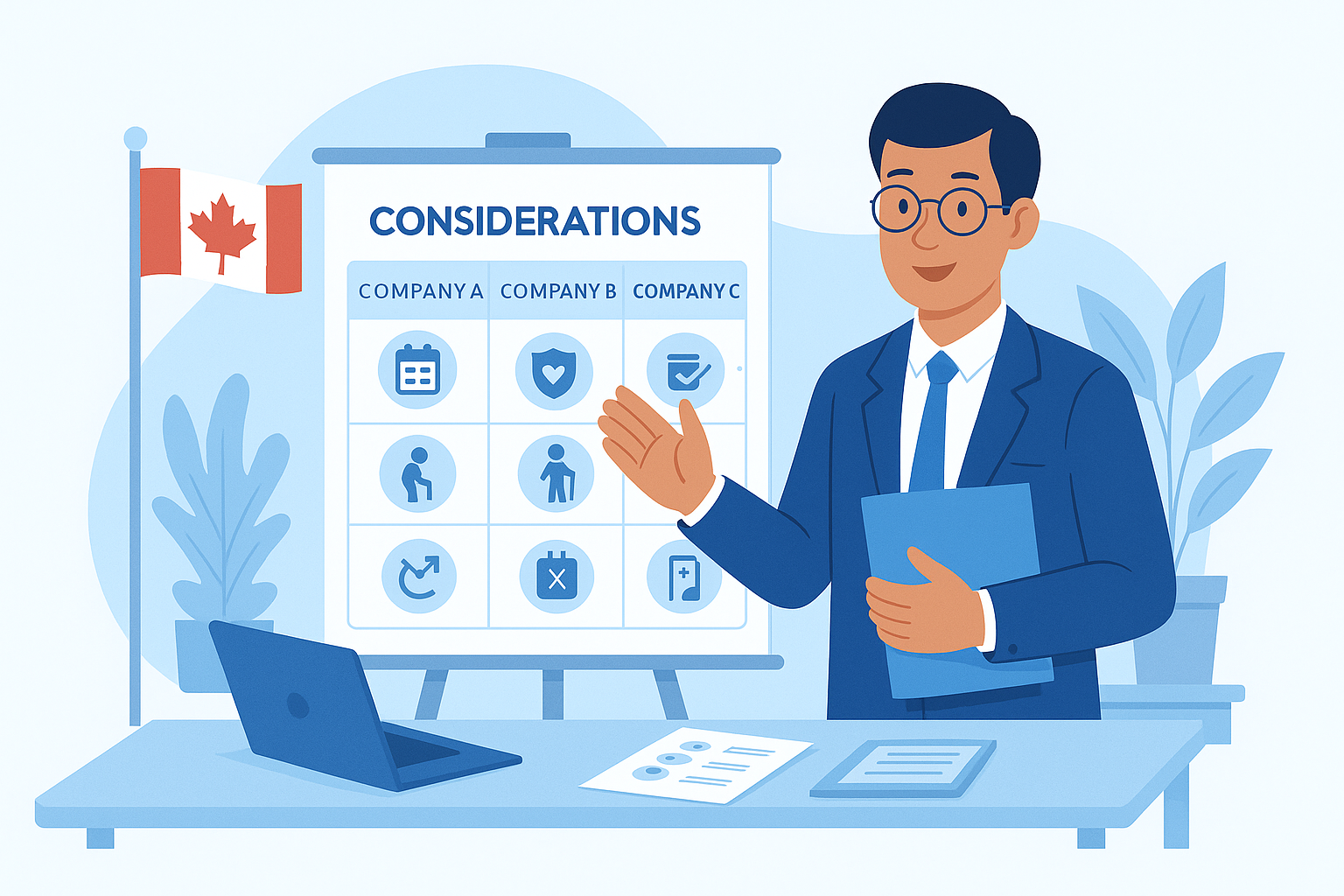 canadian-insurer-tendencies-osteoporosis Advisor reviewing insurer comparison chart showing different osteoporosis evaluation tendencies in Canada.