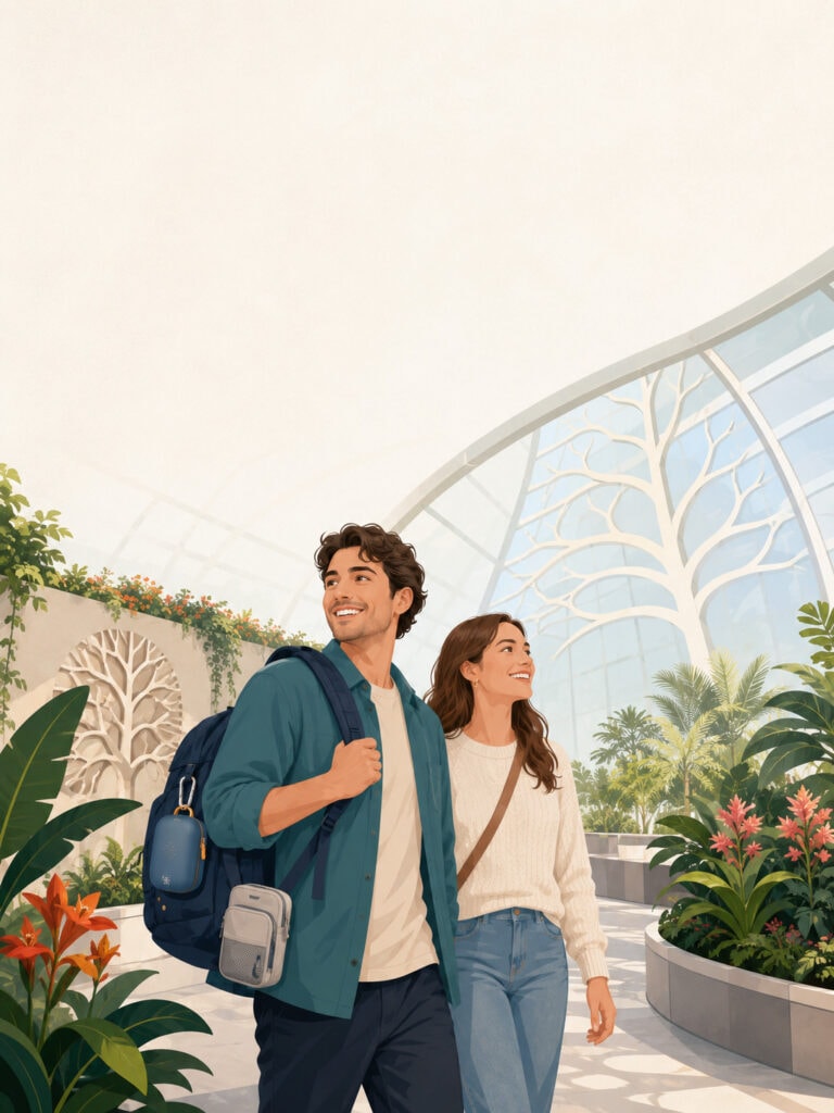 Active adult with subtle cystic fibrosis management items enjoying an outdoor conservatory in Canada