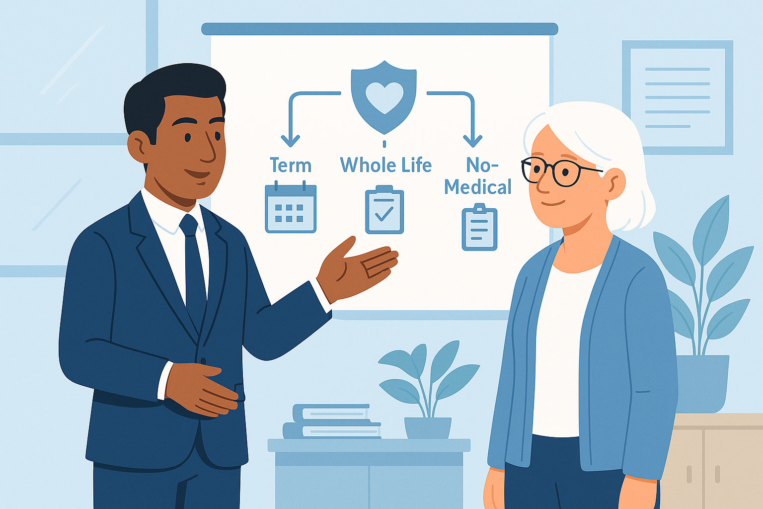 life-insurance-options-whiteboard Advisor explaining Term, Whole Life, and No-Medical insurance options on a whiteboard.