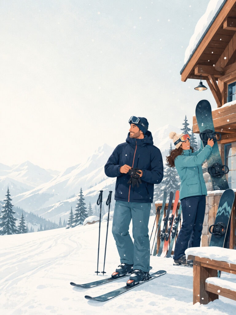 snow-sports-life-insurance-canada Life insurance for snow sports in Canada with skier and snowboarder at a winter resort