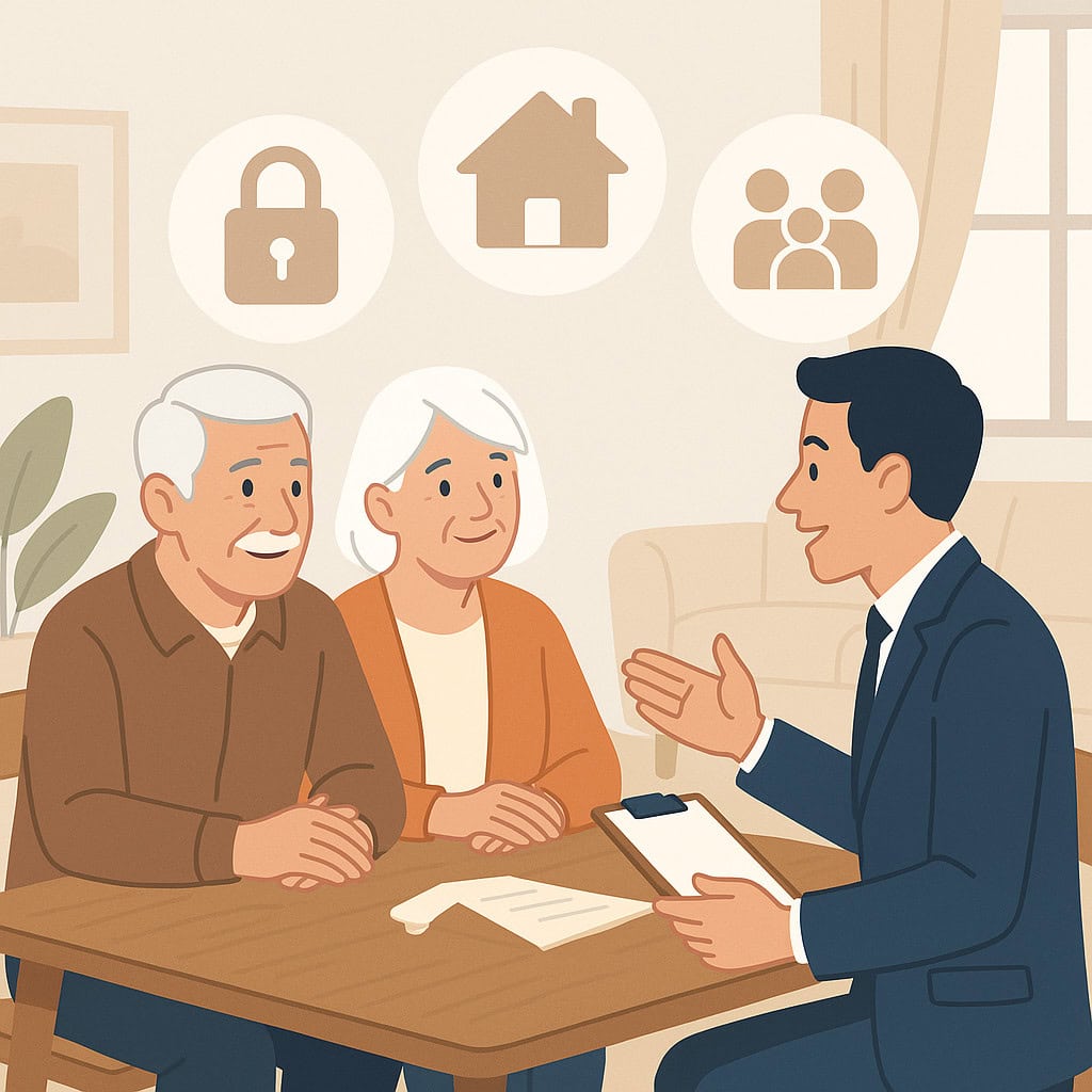 Canadian senior couple discussing life insurance with advisor at table.