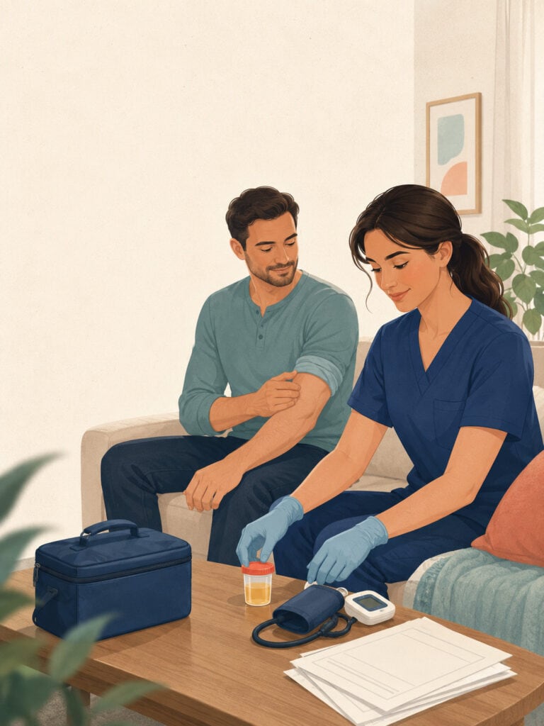 Nurse preparing a life insurance medical exam with calm at-home testing items