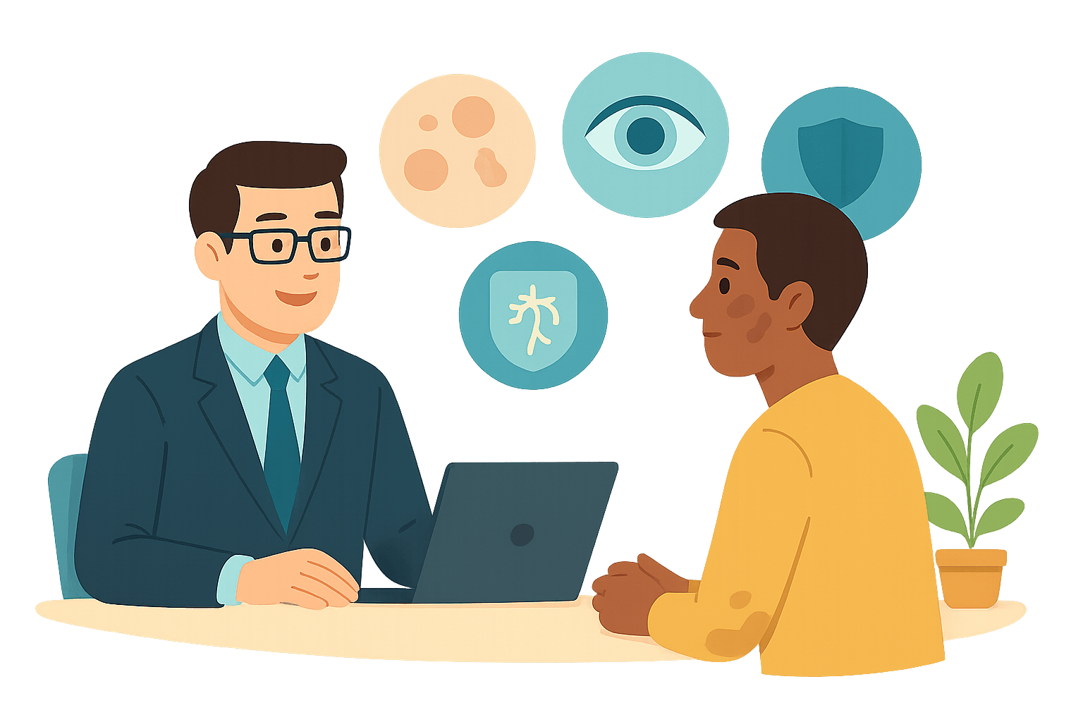 Insurance advisor meeting with client, leprosy icons above.