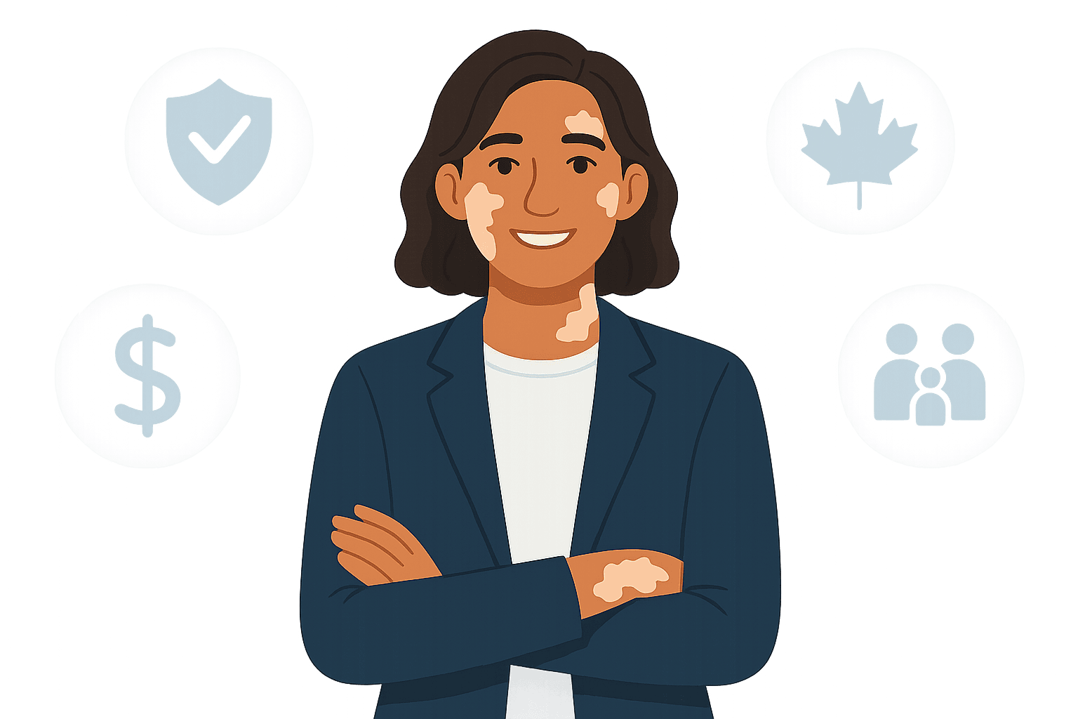 Canadian adult with vitiligo surrounded by icons for protection, affordability, family, and Canada.