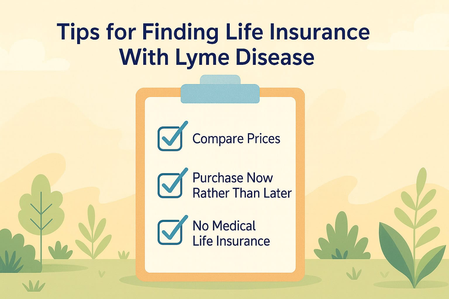 Freepik-style checklist with three tips for finding life insurance with Lyme disease, with greenery in background