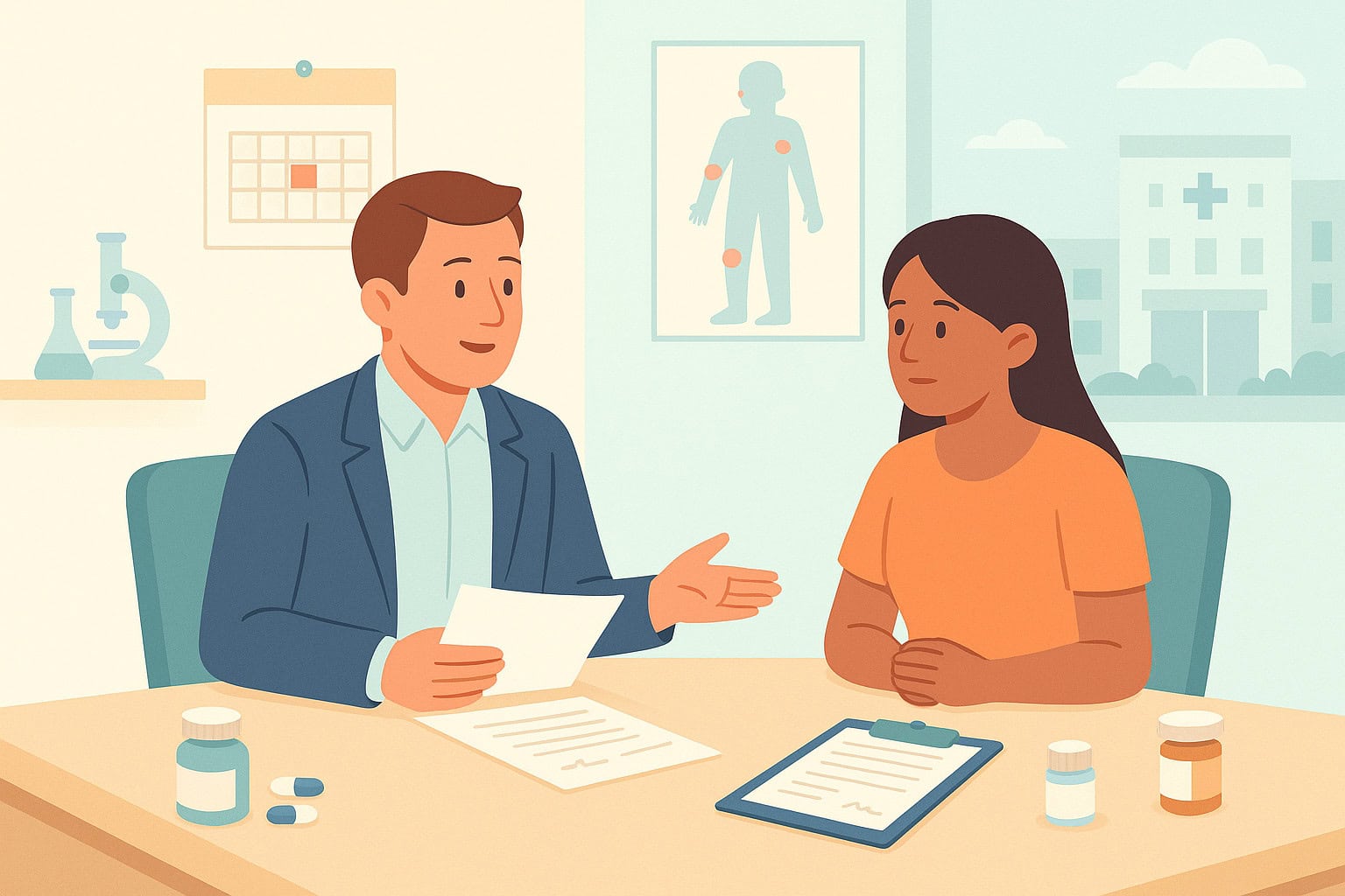 Insurance advisor consulting with client, with background imagery of medical poster, calendar, hospital, and medications representing underwriting factors