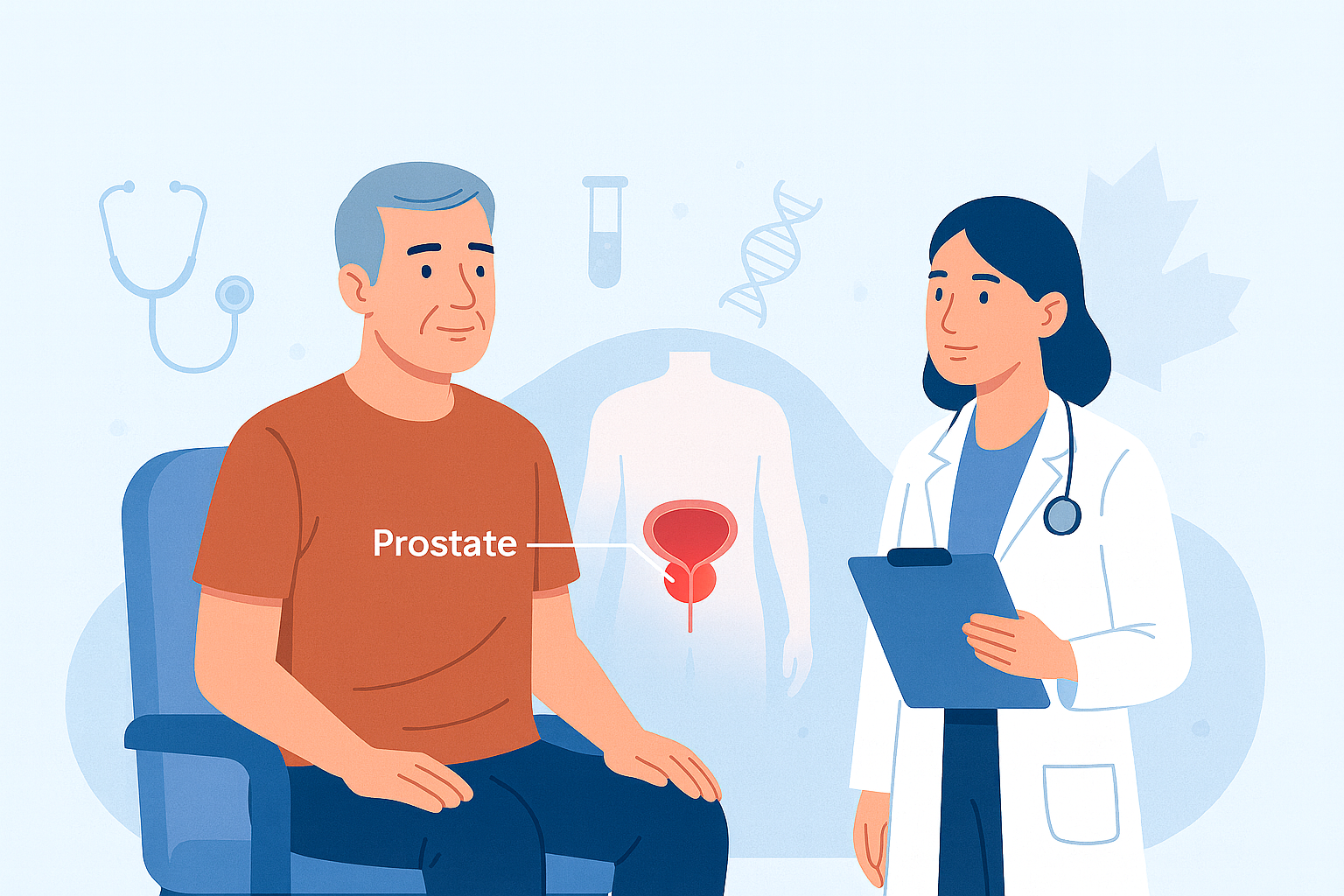 prostate-cancer-overview-intro Introductory illustration of prostate cancer awareness with patient, doctor, and prostate diagram.