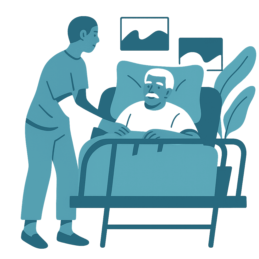 illustration of a healthcare worker supporting an elderly patient in bed for MAID