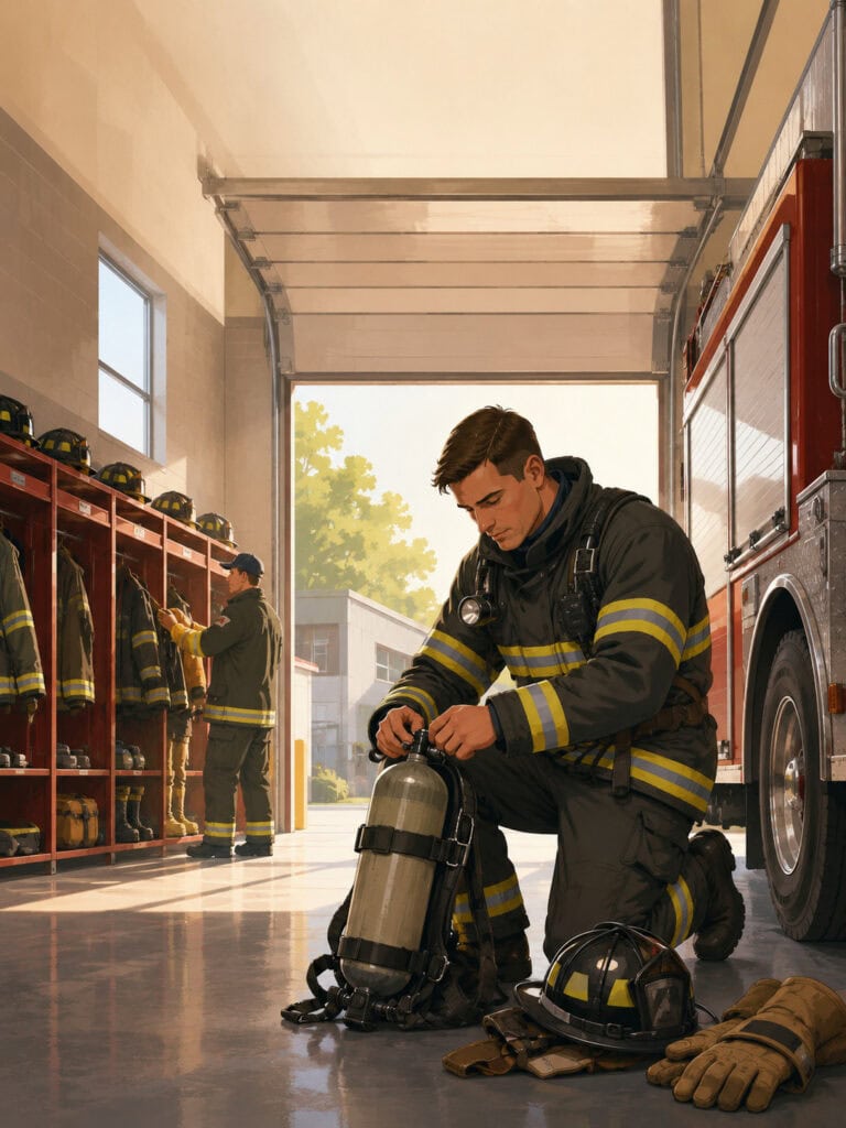 firefighter-life-insurance-canada Canadian firefighter preparing for a shift at a fire station