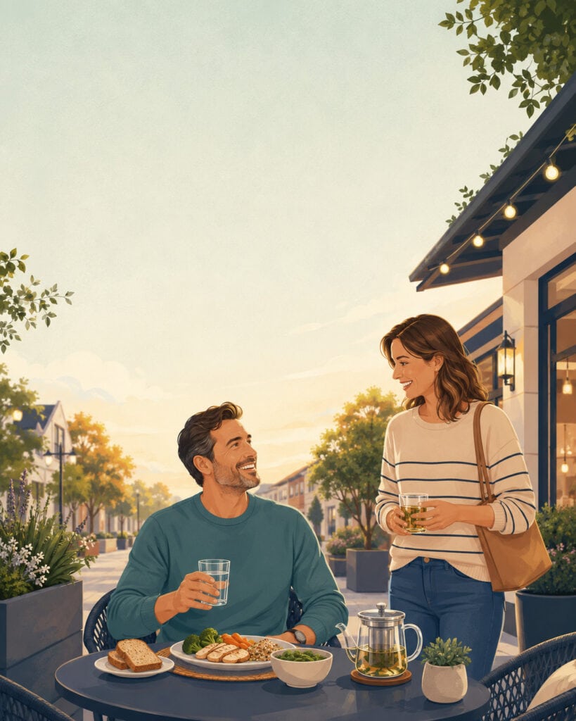 Adult enjoying a relaxed outdoor café meal while living with GERD and exploring life insurance options in Can