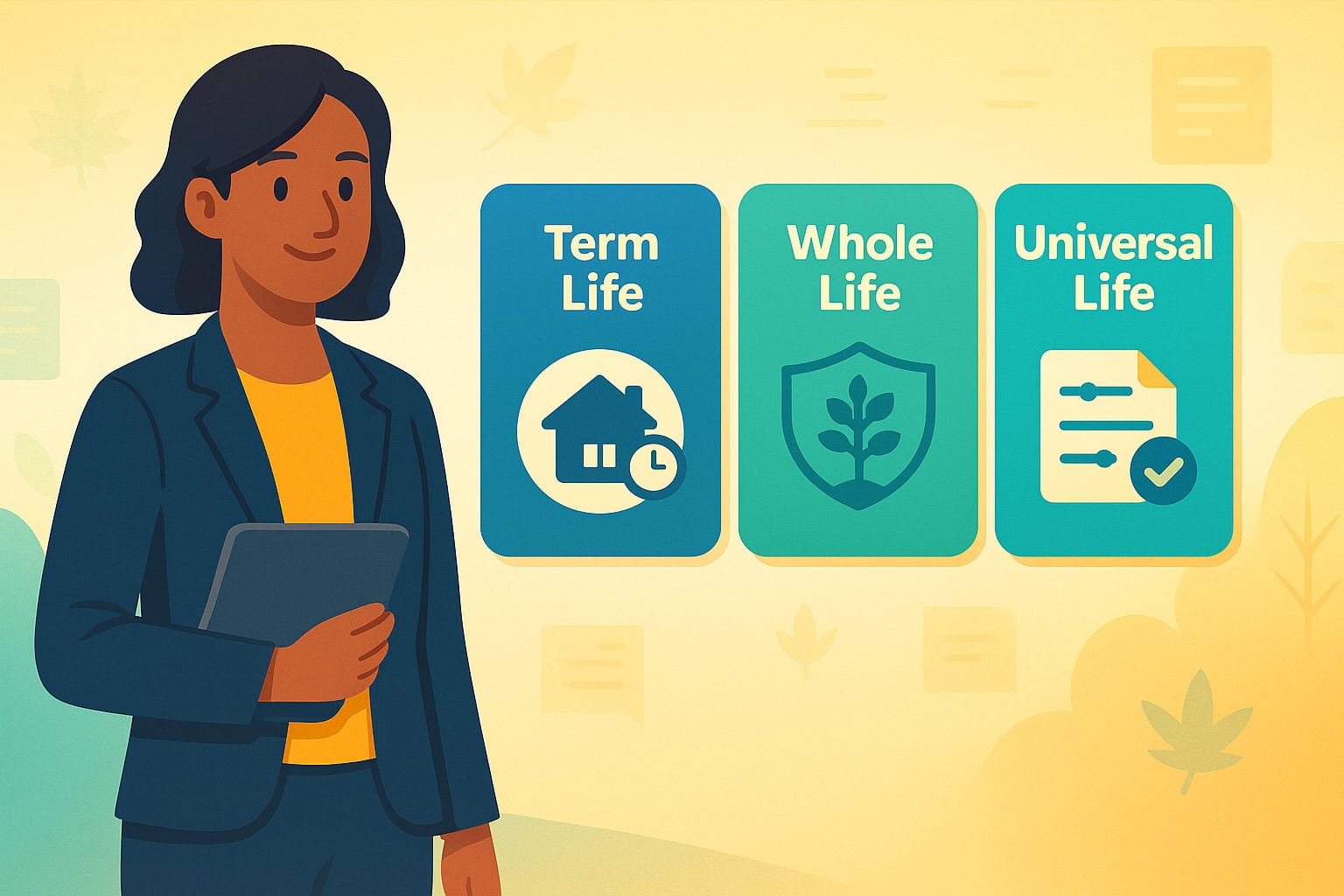 Female broker presenting labeled cards for Term Life, Whole Life, and Universal Life insurance.