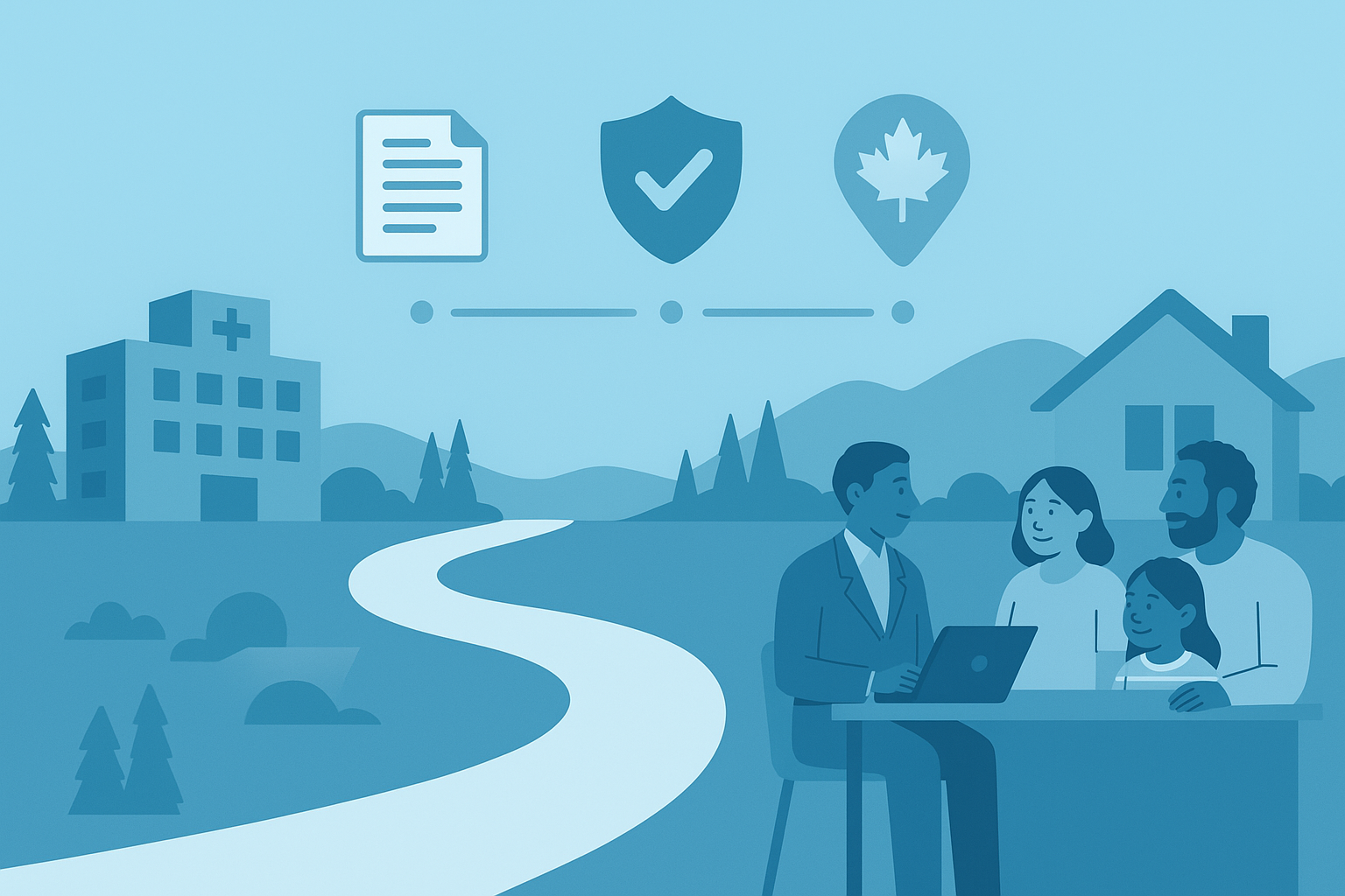 illustration of a pathway from hospital to home symbolizing MAID life insurance protection in Canada.