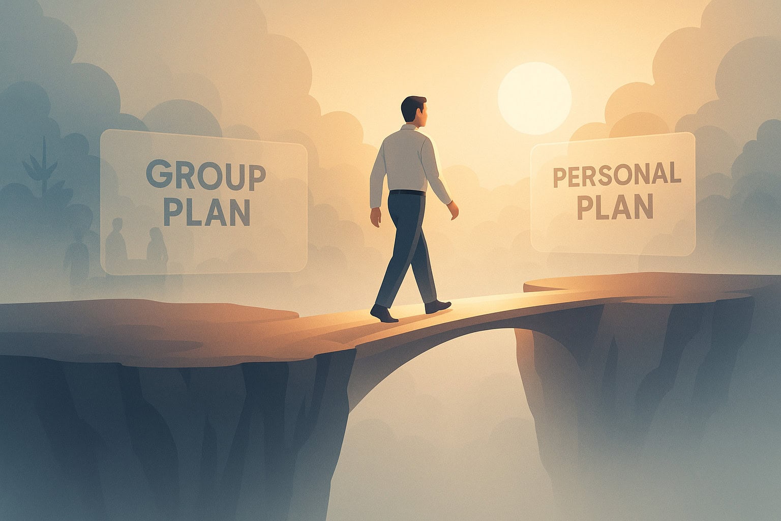 BC dentist walking across a glowing bridge symbolizing transition from group to personal life insurance.