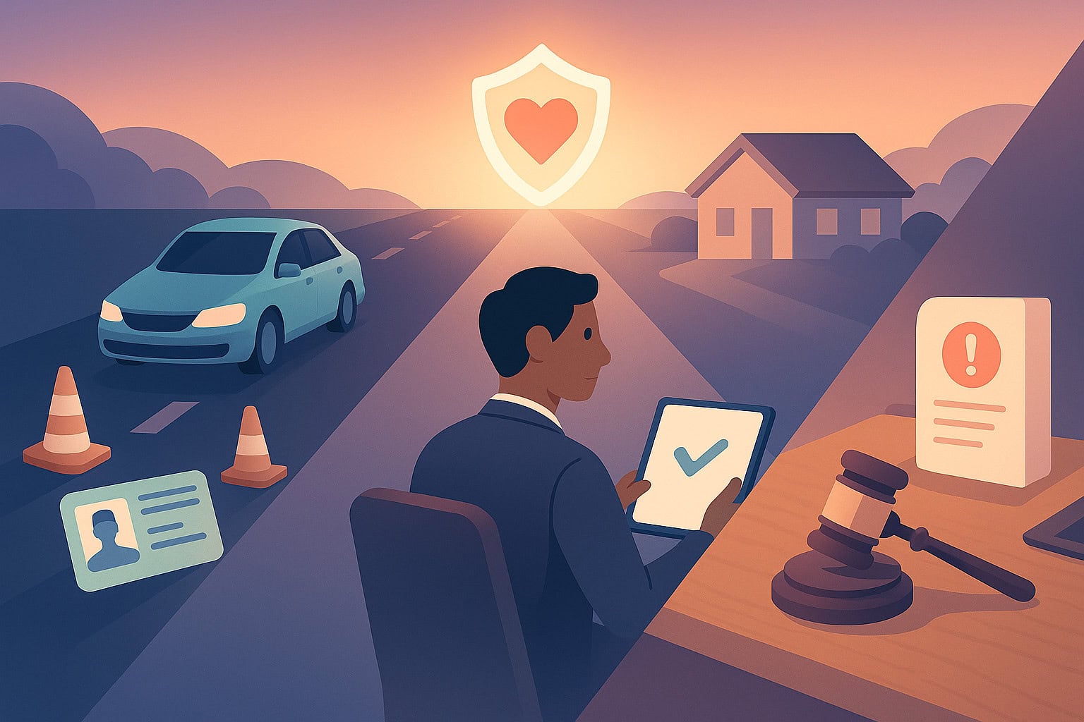 Two paths—driving offences and other offences—merge toward a protected home representing life insurance approval.