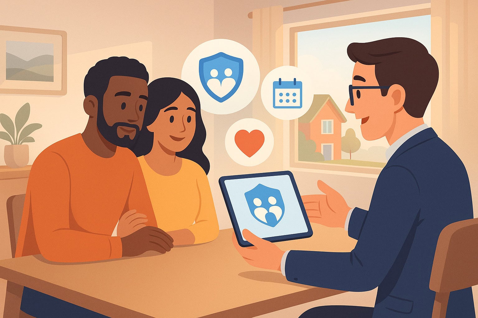 Diverse Canadian couple meets advisor at home reviewing life insurance options with icons for protection and timing.