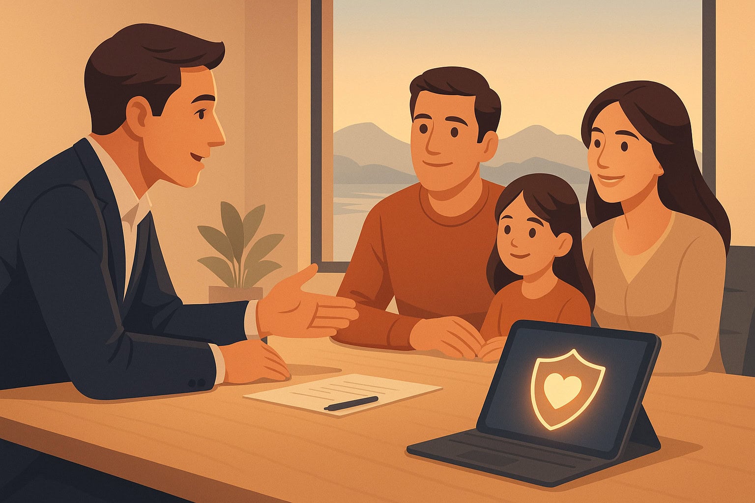 BC insurance broker meeting with a young family in a Vancouver office, explaining personal life insurance protection.