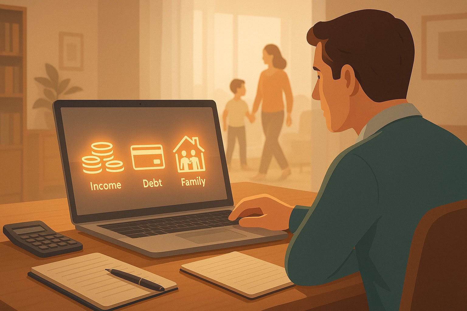 BC insurance broker reviewing personal life insurance needs on a laptop with icons for income, debt, family, and business.
