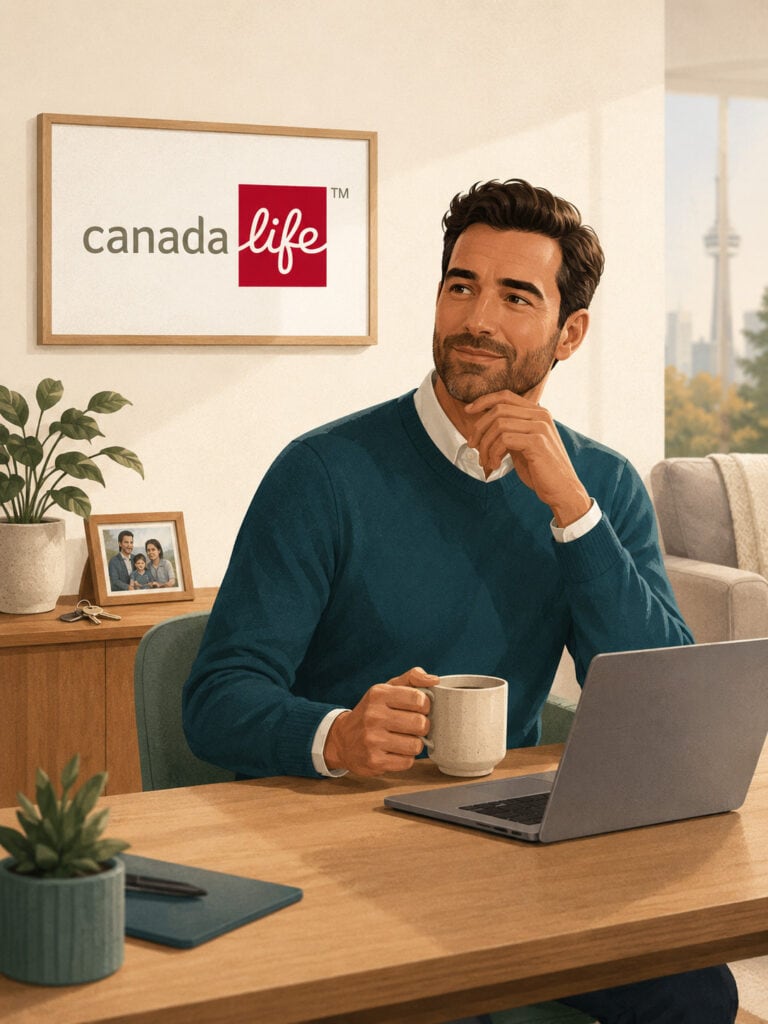 canada-life-insurance-review-canada Canada Life insurance review with advisor in modern office and Canada Life logo on wall