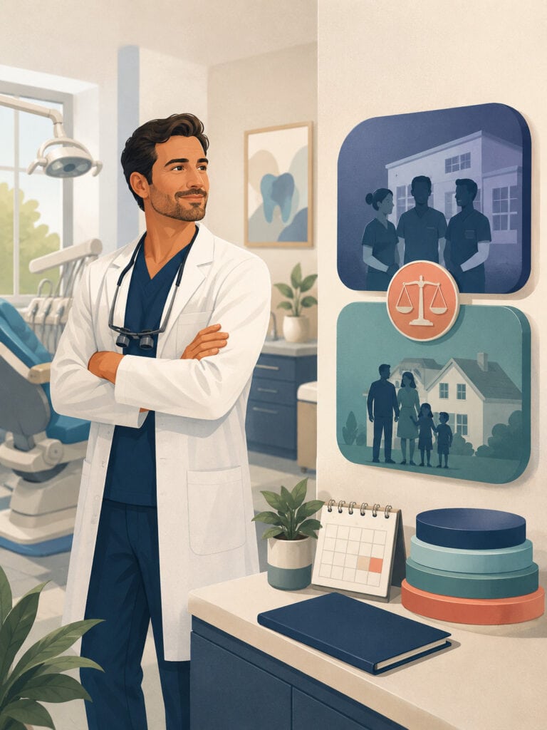 dentist-life-insurance-comparison Dentist comparing life insurance options in a modern dental practice setting
