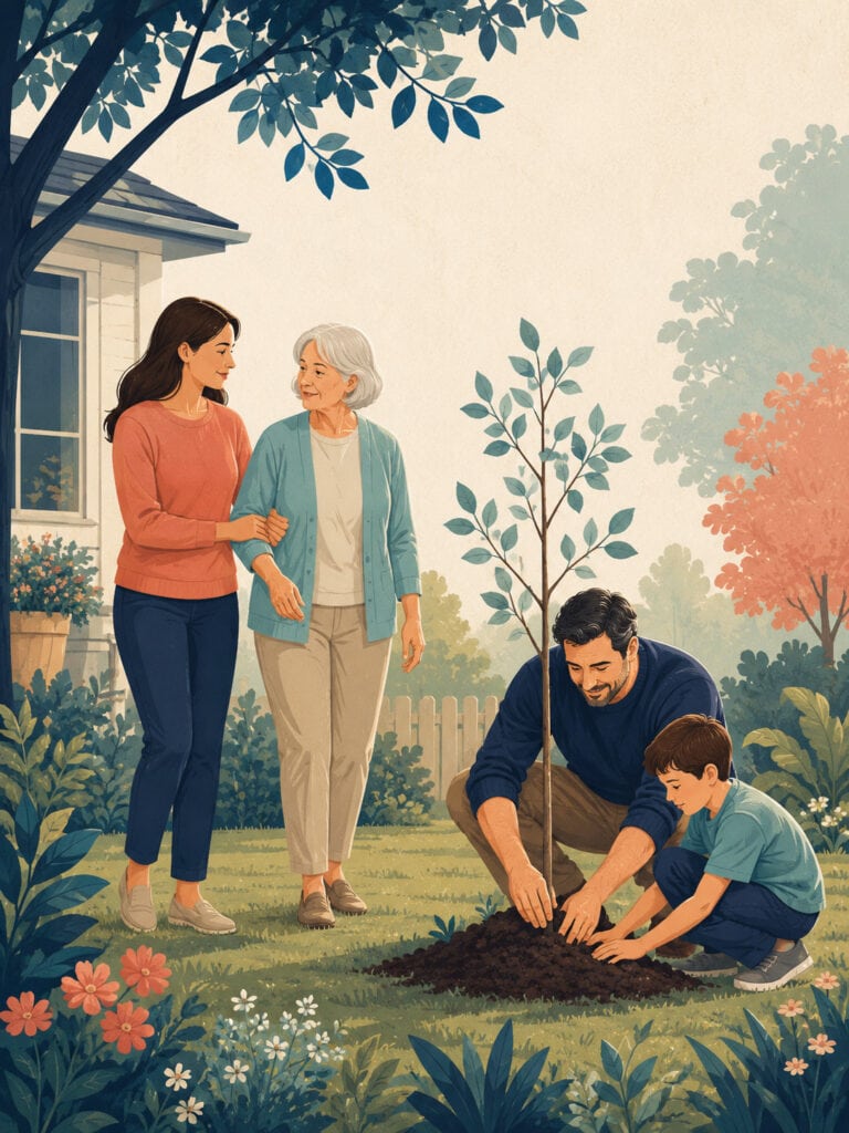 huntingtons-disease-life-insurance-family-canada Family supporting an older parent in a garden for Huntington’s disease life insurance planning in Canada