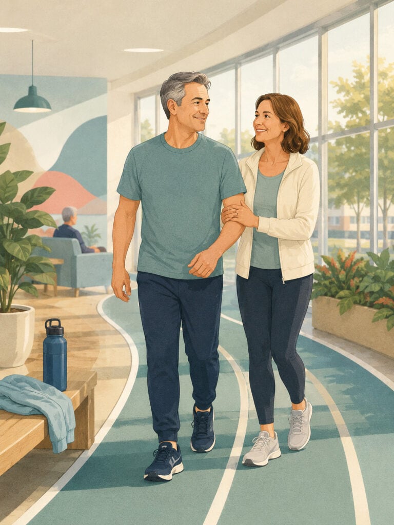 life-insurance-after-stroke-canada Stroke survivor walking confidently with family support after recovery for life insurance in Canada