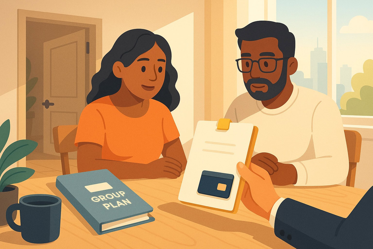 Couple chooses portable individual life policy over group plan as advisor explains control and flexibility.