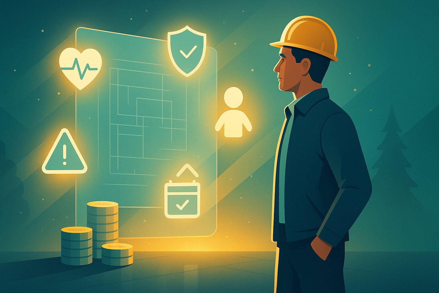 Alberta engineer reviews life-insurance plan blueprint surrounded by glowing icons representing popular riders and add-ons.