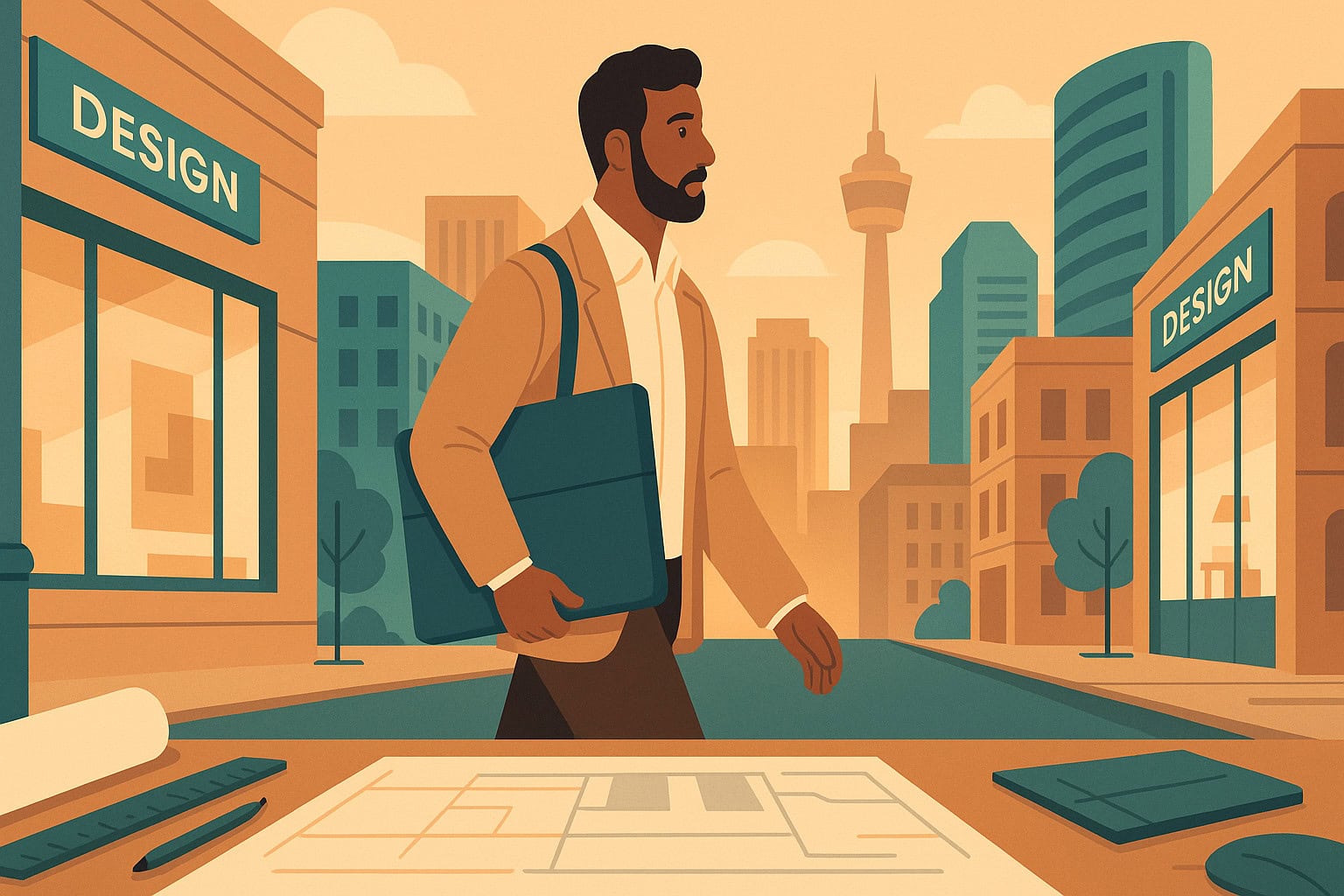 Architect walking between studios in Edmonton to show career transitions.