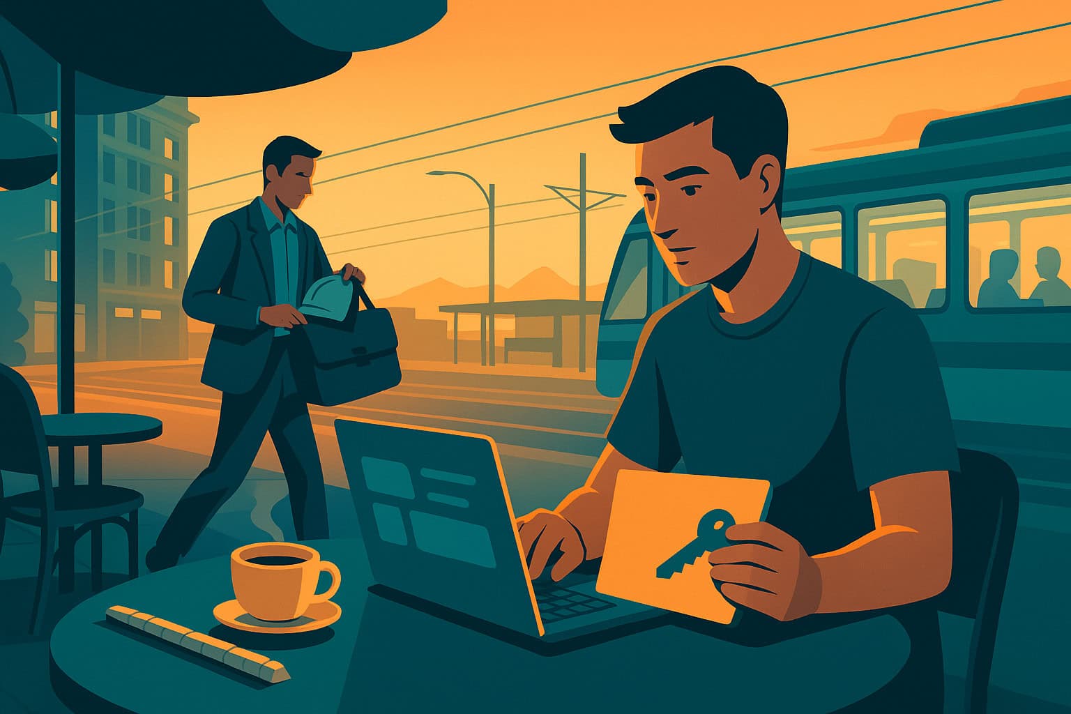 Early-career engineer reviews coverage at a café while a consultant heads to a project site, Calgary dusk