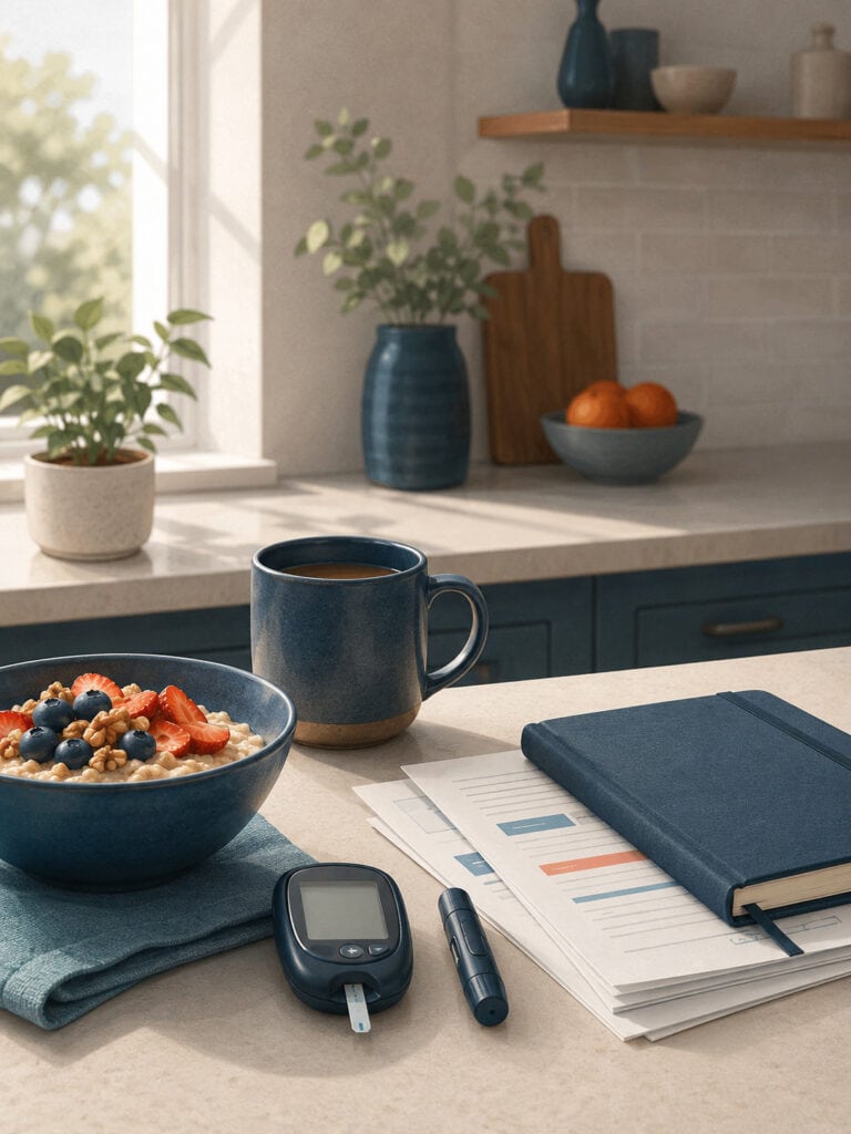 life-insurance-diabetics-canada Life insurance for diabetics in Canada with a calm kitchen counter and glucose monitor