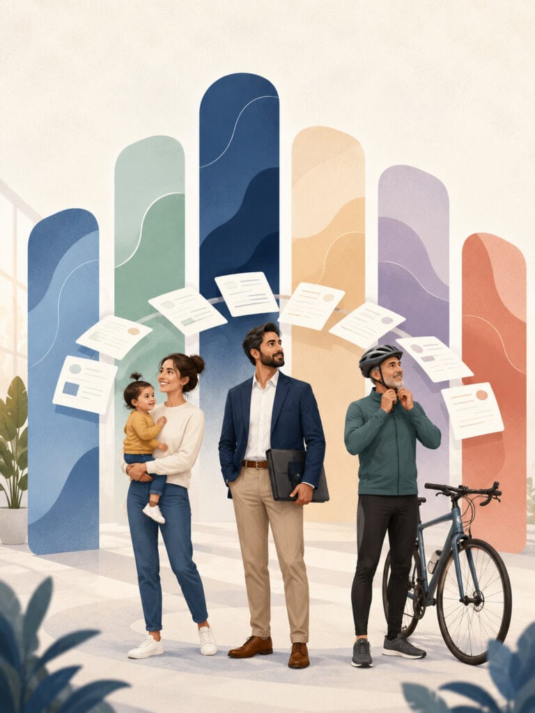 best-critical-illness-companies-canada Diverse Canadians surrounded by six abstract panels representing critical illness insurance companies in Canada.