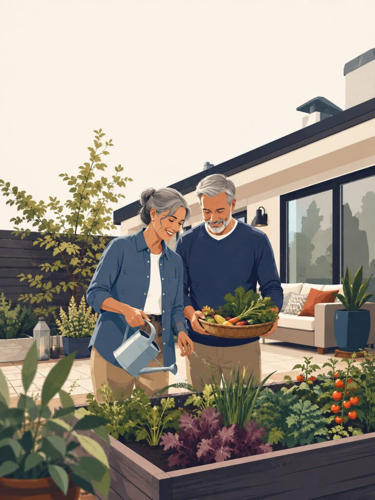 Canadian couple enjoying retirement together while tending a garden at home