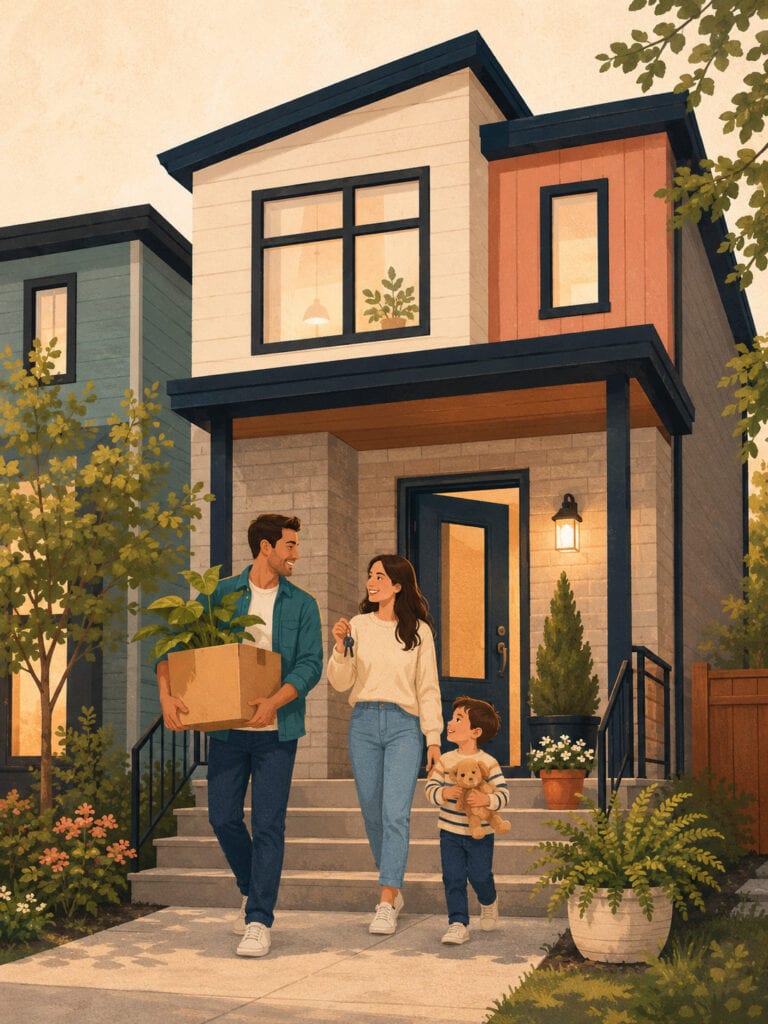 First-time home buyers outside a new home representing FHSA savings in Canada