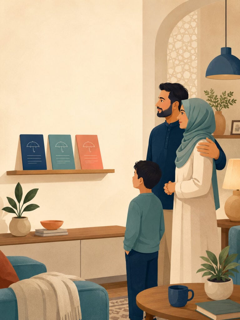 Muslim family reviewing faith-aligned term life insurance options in a calm home setting