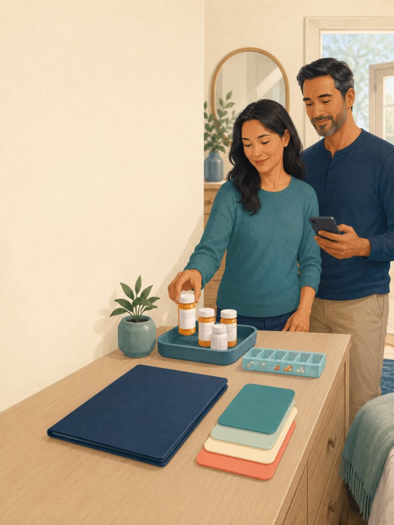 medications-life-insurance-underwriting Adults managing prescriptions with calm life insurance planning elements