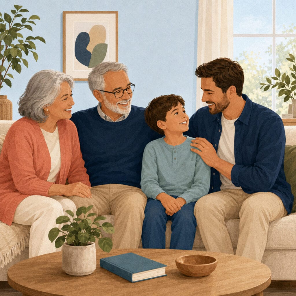 Warm editorial illustration of a multigenerational family sitting together on a sofa, representing family protection, trust, and long-term life insurance planning in Canada.