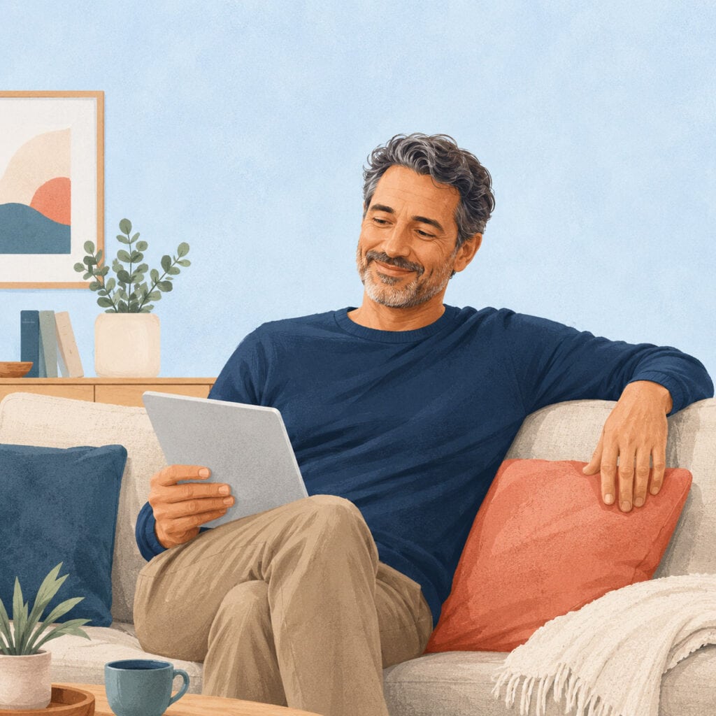 Person relaxing on couch reviewing no medical exam life insurance options